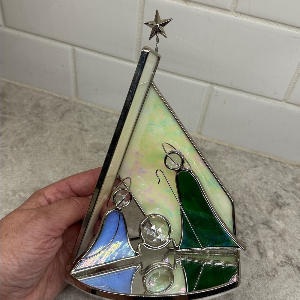 Stained Glass Handcrafted Christmas Nativity Scene. Holds tealight. 8”x5.5”
